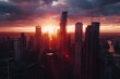 © Duckai - Cityscape at Dusk with Skyscrapers and Tall Buildings Silhouetted by the Vibrant Golden Light of a Setting Sun