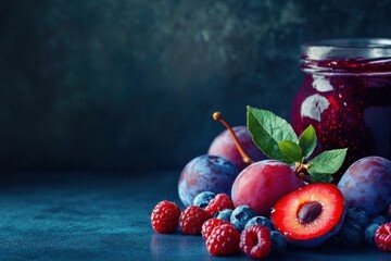 Wall Mural - Plum preserves and fresh fruit on a navy backdrop Juicy plums with spread on the dining table