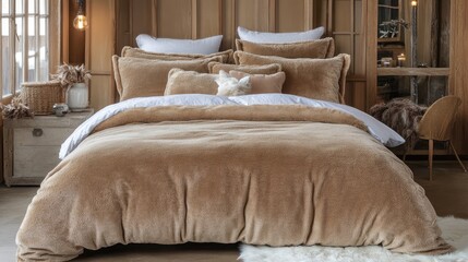 Poster - cozy beige bedding with soft textures in modern bedroom setting