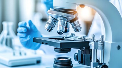 Poster - laboratory microscope with scientist in blue gloves examining sample