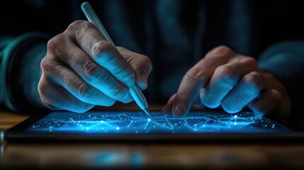 Poster - Close-up of hands using stylus on tablet, digital network connection glowing.