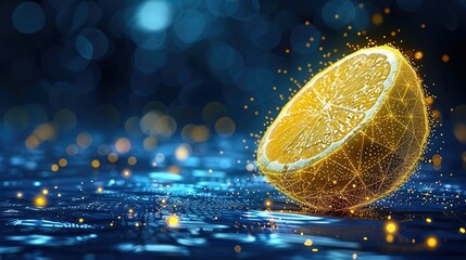 Poster - Digital lemon slice on tech background.
