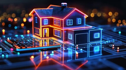 Poster - Digital home model illuminated with neon lights on a circuit board at night