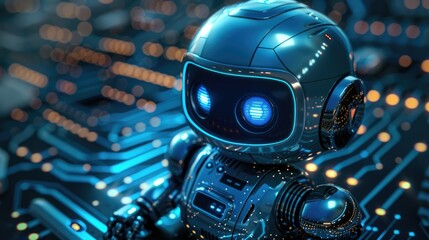 Poster - Futuristic robot with glowing eyes on circuit board.