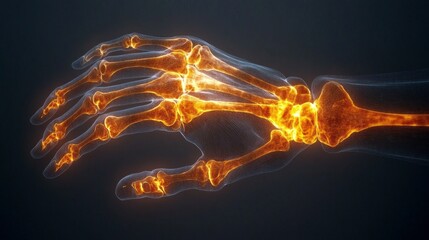 Poster - A stunning depiction reveals the complex anatomy of a human hand, highlighting the detailed bone structure with radiant elements, creating an eye-catching contrast against deep shadows