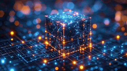 Poster - Glowing cube on digital network, data visualization.