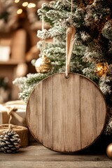 Canvas Print - A rustic wooden sign is beautifully suspended from the branches of a lush Christmas tree, adding charm and warmth to the festive decor.