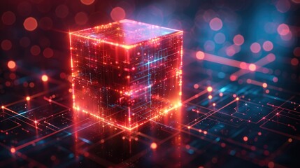 Poster - Glowing red cube on digital circuit board.
