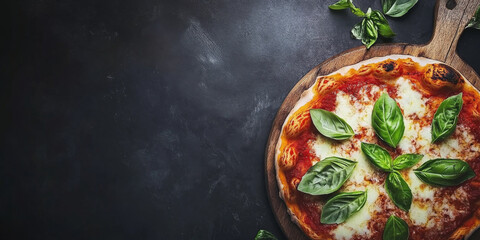 Wall Mural - A traditional Italian Margherita pizza, with a thin crust topped with fresh tomato sauce, melted mozzarella, and fresh basil leaves, served on a rustic wooden board. The dish looks simple and