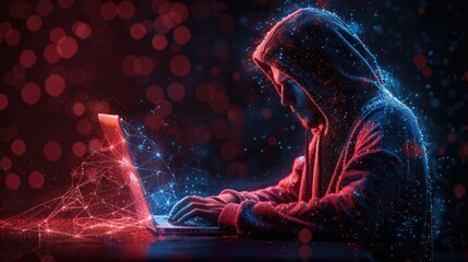 Fototapete - Hacker using laptop, digital data streams.