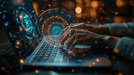 Poster - Hands typing on laptop with futuristic digital interface overlay.