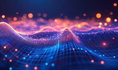 Poster - Abstract digital wave with glowing particles and a vibrant color gradient.