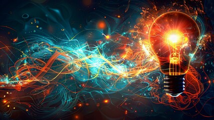 Wall Mural - Glowing Light Bulb Enveloped in Vibrant, Energetic, Abstract Light Trails