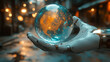 © Your Hand Please - futuristic robot hand delicately holds a crystal glass globe representing Earth symbolizing the harmony of technology and nature global responsibility innovation and sustainable progress