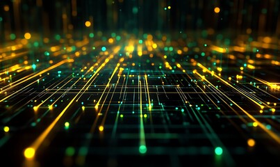 Poster - Abstract digital landscape with glowing lines and dots, representing data flow and connectivity.