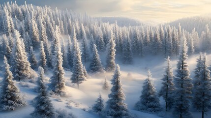 Wall Mural - A serene winter landscape featuring snow-covered pine trees under soft light.