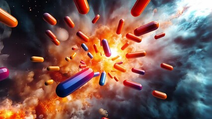 Poster - Capsule explosion in colorful cosmic setting with vibrant contrasting colors in 4k resolution
