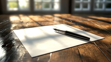 Poster - Blank paper and fountain pen on wooden desk near window.