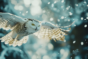 Wall Mural - Snowy owl gliding gracefully through a snowy forest during winter, showcasing stunning feathers and keen eyes in the serene environment