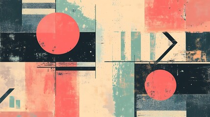 Poster - Abstract geometric composition with circles, lines, and textured patterns in soft colors.