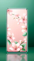Aufkleber - A smartphone displays a beautiful floral wallpaper featuring pink blossoms and green leaves, creating a serene and elegant ambiance