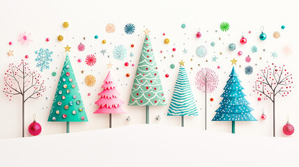 Poster - A collection of vibrant Christmas trees adorned with colorful ornaments and stars, creating a lively holiday atmosphere