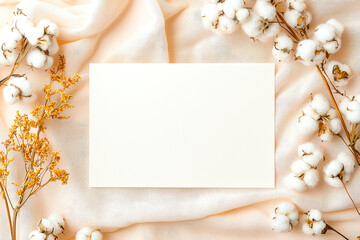 Poster - Soft fabric supports a blank card bordered by delicate cotton flowers and dried plants in a serene arrangement