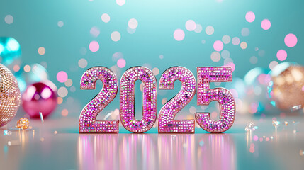 Poster - Glittering numbers 2025 shine brightly on a blue background, surrounded by colorful party decorations, creating a festive atmosphere