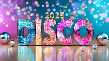 Poster - Bright and vibrant setting featuring large glittering letters spelling disco, surrounded by sparkling disco balls and colorful lights