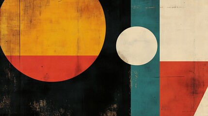 Poster - Abstract geometric design featuring bold colors and shapes on a textured background.