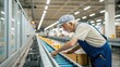 © Justlight - Deep within the factory an elderly worker is engaged in the operation of a conveyor belt system. He adjusts the speed ensuring the products move smoothly along the track. His