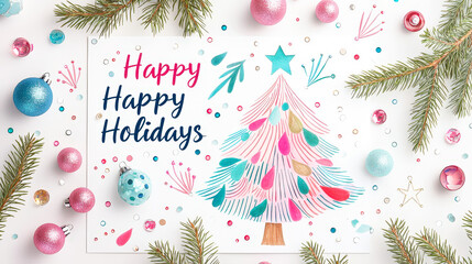 Poster - Vibrant holiday card with a hand-drawn Christmas tree, colorful ornaments, and the text 