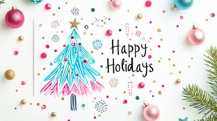 Poster - Vibrant holiday card with  Christmas tree colorful ornaments, and the text 