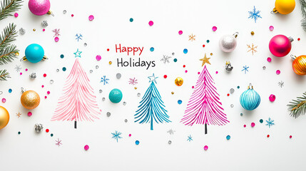 Poster - Vibrant holiday card with a hand-drawn Christmas tree, colorful ornaments, and the text 