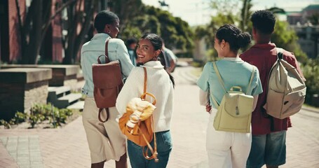 Canvas Print - Friends, back or students walking in university or college campus for support, future or studying. Leaving, outdoor or people with books, teamwork or diversity for school, education or scholarship