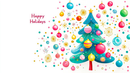 Poster - Colorful holiday card with  Christmas tree, colorful ornaments, and the text 