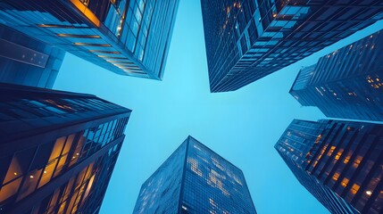 Poster - Low angle view of modern skyscrapers reaching towards a clear blue sky at dusk.