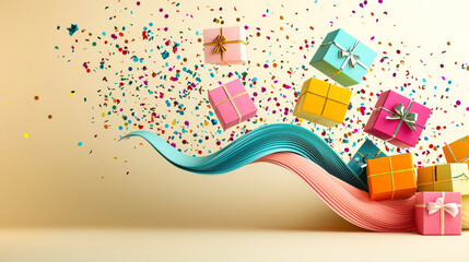 Poster - Brightly colored gift boxes are bursting into the air surrounded by colorful confetti, creating a festive atmosphere of celebration