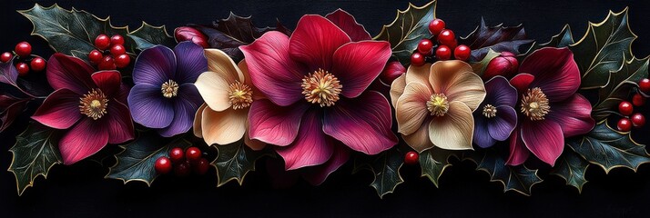 Poster - A stunning floral arrangement featuring vibrant winter blooms and holly berries. The rich colors and textures create an eye-catching display suitable for festive decor