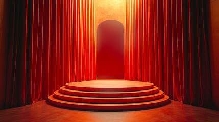 Aufkleber - the stage is bathed in warm light, showcasing elegant red curtains and a circular platform, creating
