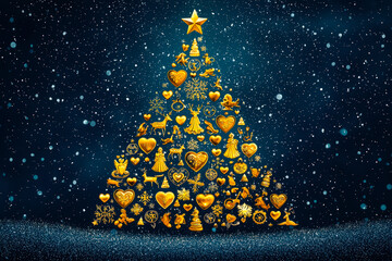 Poster - The beautifully crafted golden Christmas tree is decorated with various ornaments, radiating warmth and joy in a starry winter night setting, symbolizing holiday cheer