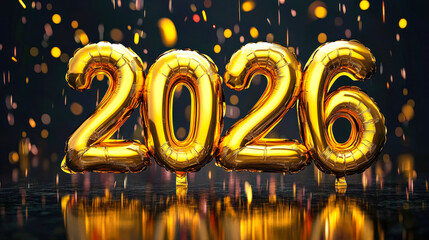 Poster - Golden balloons shaped as 2026 stand prominently, surrounded by colorful confetti in a festive setting celebrating the new year