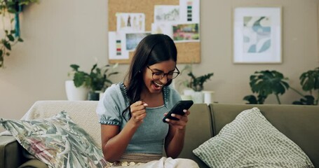 Poster - Celebration, winner and woman with smartphone, home and excited for notification, lottery and wow. Success, happy and person with mobile for prize, giveaway and victory for competition and house