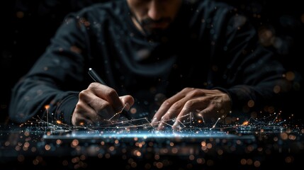 Poster - Person signing digital document, glowing network.