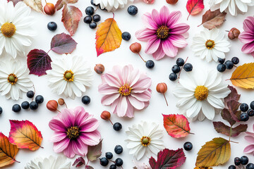 Poster - Colorful autumn flowers, berries, and leaves are artfully arranged together, showcasing the seasonal beauty of nature