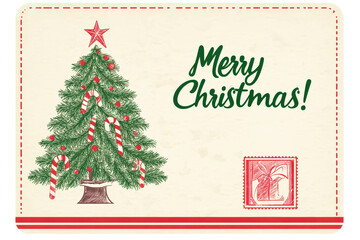 Poster - A cheerful Christmas card displays a beautifully decorated tree with red ornaments and candy canes, wishing everyone a Merry Christmas