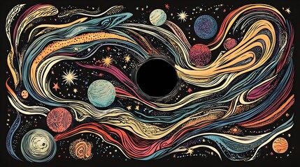 Wall Mural - abstract cosmic art depicting swirling nebulae, planets, and a black hole in vibrant colors.