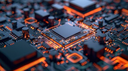 Poster - Circuit board with glowing components, showcasing an intricate design with a focus on the central microchip illuminated by orange light