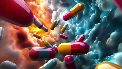 Poster - Colorful capsules float through a vibrant cosmic background in dynamic 4k animation
