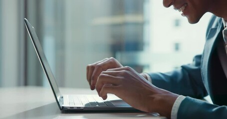 Poster - Laptop, typing and hands of business man in office pointing to screen for website, research and reading email. Corporate, professional and worker on computer for networking, internet and report